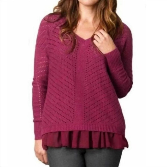 PrAna Plum Red Oversized Chiffon Peplum Underlay Hem Knit Sweater Size Small - Picture 10 of 10